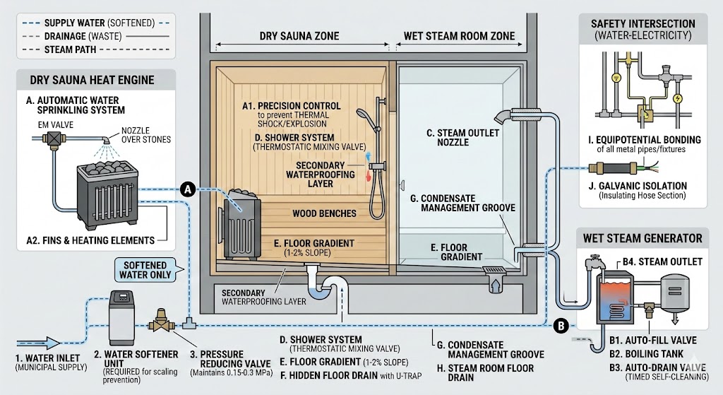 Sanitärsystemplanung und technische Analyse für Saunaräume